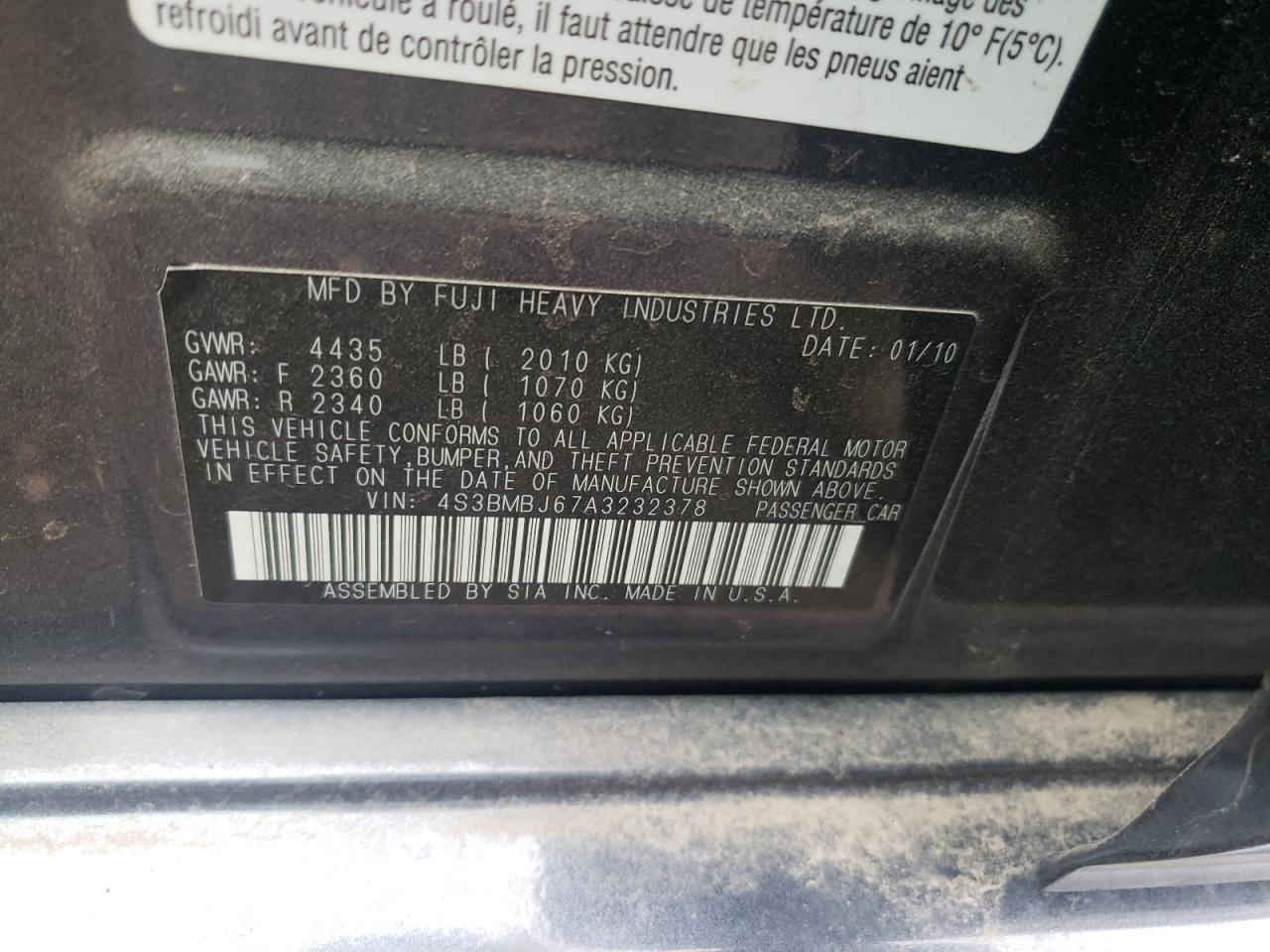 Photo 10 from auction – 2010 SUBARU LEGACY 2.5 with VIN 4S3BMBJ67A3232378