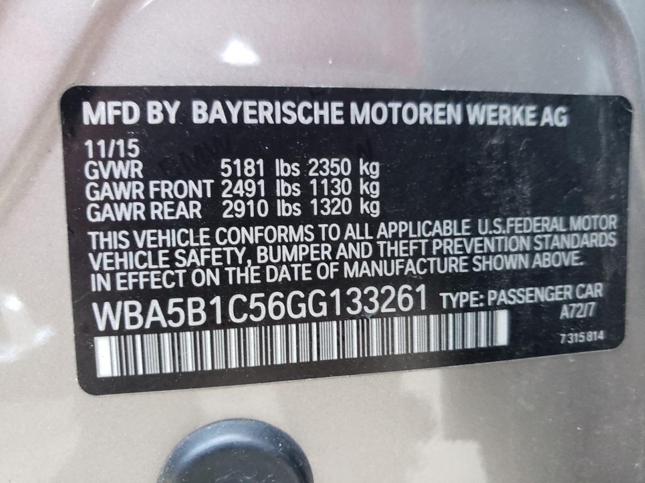 Photo 10 from auction – 2016 BMW 535 I with VIN WBA5B1C56GG133261