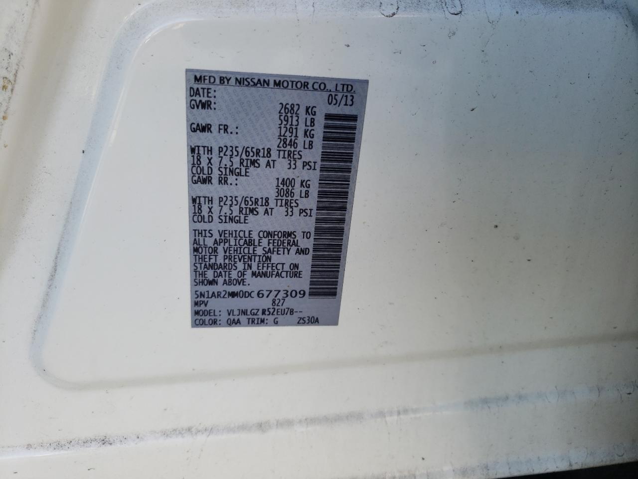 Photo 10 from auction – 2013 NISSAN PATHFINDER with VIN 5N1AR2MM0DC677309