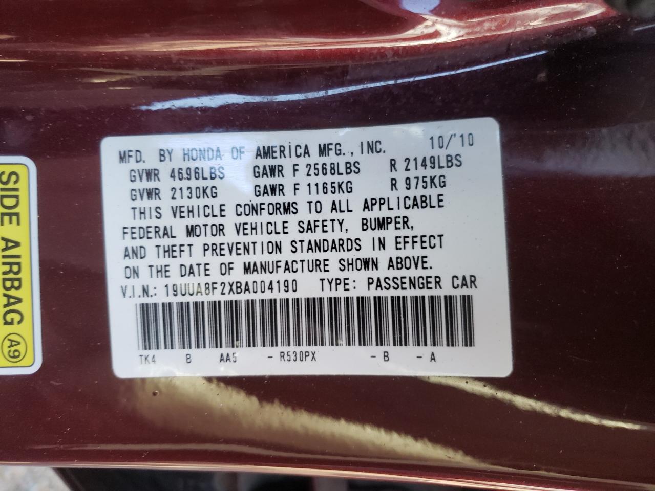 Photo 10 from auction – 2011 ACURA TL with VIN 19UUA8F2XBA004190