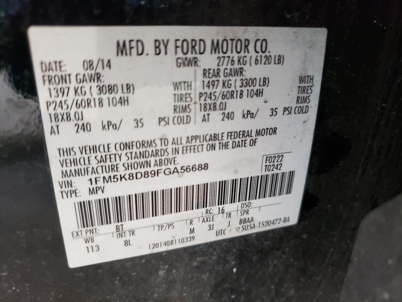 Photo 10 from auction – 2015 FORD EXPLORER X with VIN 1FM5K8D89FGA56688