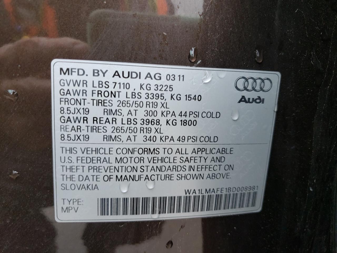 Photo 10 from auction – 2011 AUDI Q7 PREMIUM with VIN WA1LMAFE1BD008981