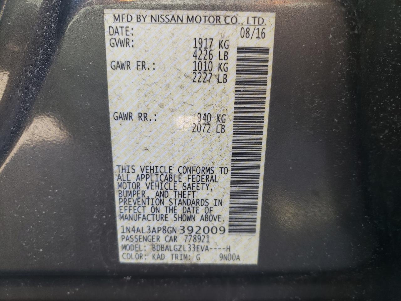 Photo 10 from auction – 2016 NISSAN ALTIMA 2.5 with VIN 1N4AL3AP8GN392009