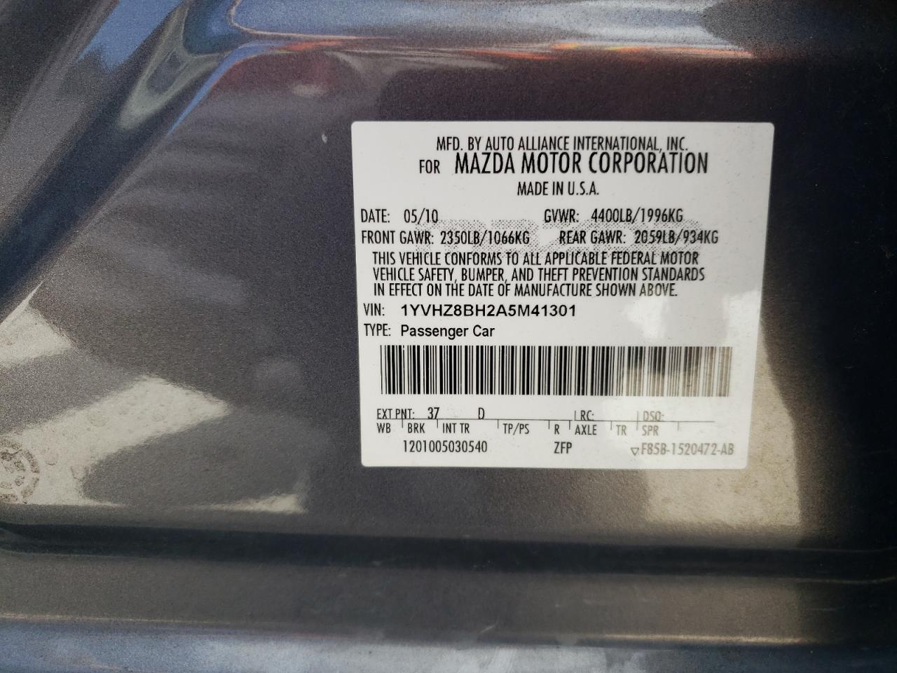 Photo 10 from auction – 2010 MAZDA 6 I with VIN 1YVHZ8BH2A5M41301