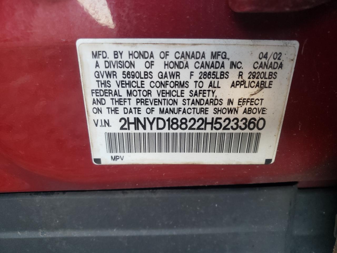 Photo 10 from auction – 2002 ACURA MDX with VIN 2HNYD18822H523360