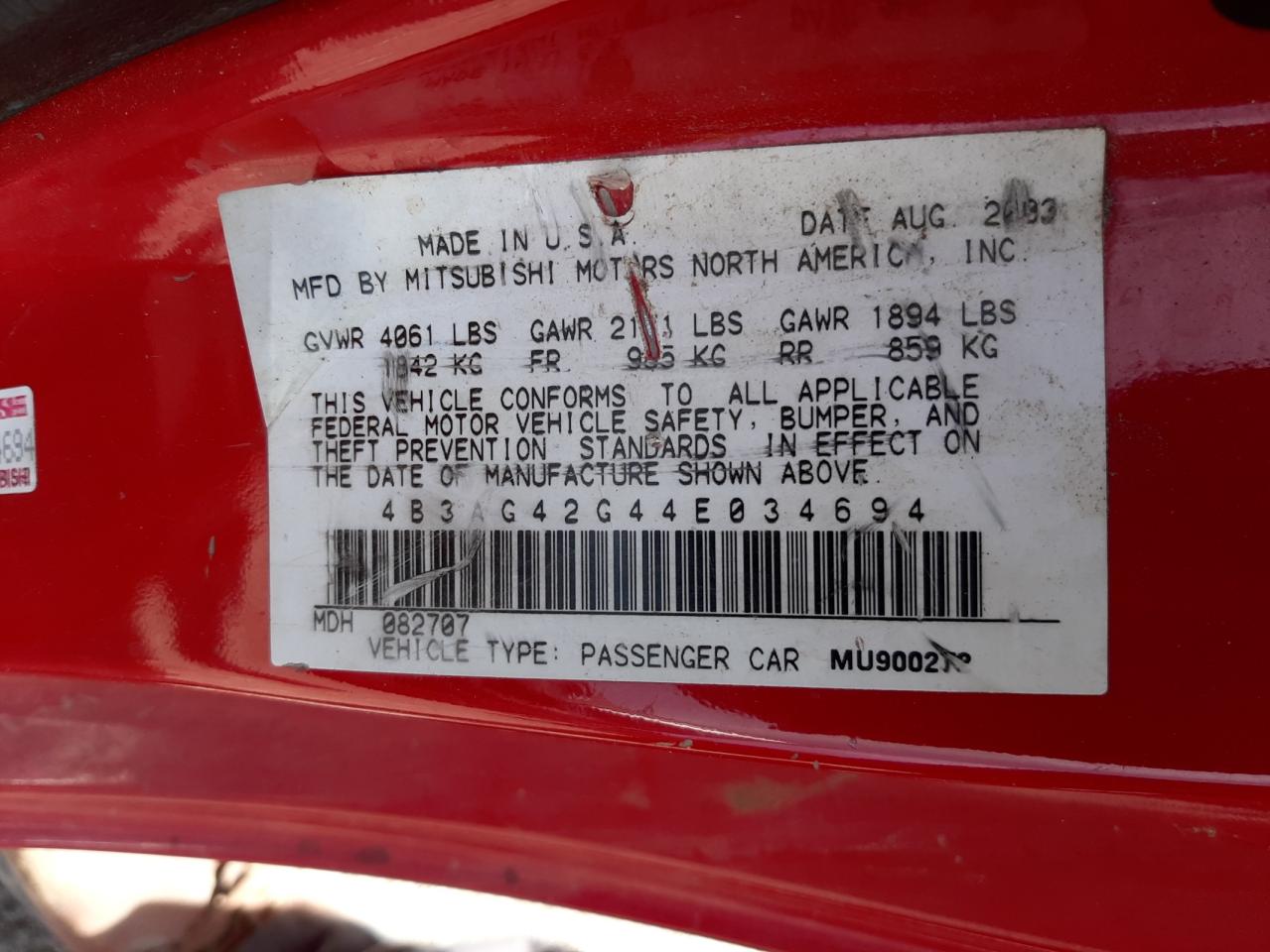 Photo 10 from auction – 2004 DODGE STRATUS SX with VIN 4B3AG42G44E034694
