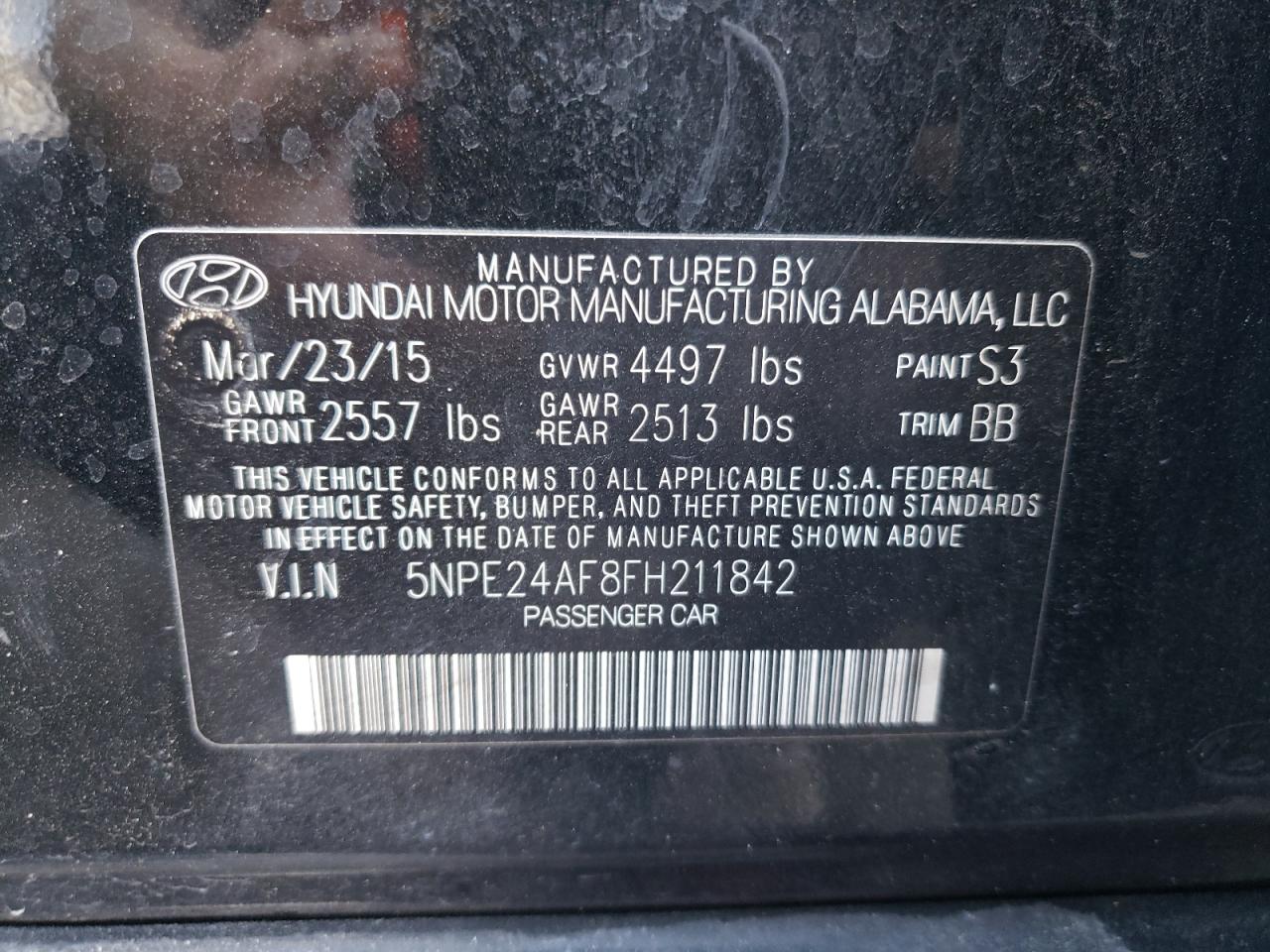 Photo 10 from auction – 2015 HYUNDAI SONATA SE with VIN 5NPE24AF8FH211842