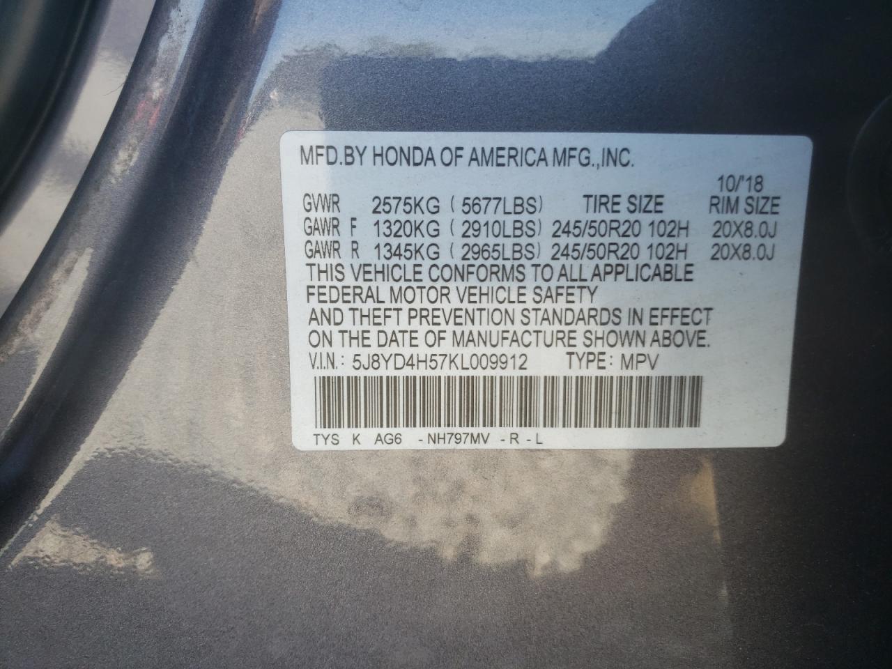 Photo 10 from auction – 2019 ACURA MDX TECHNO with VIN 5J8YD4H57KL009912