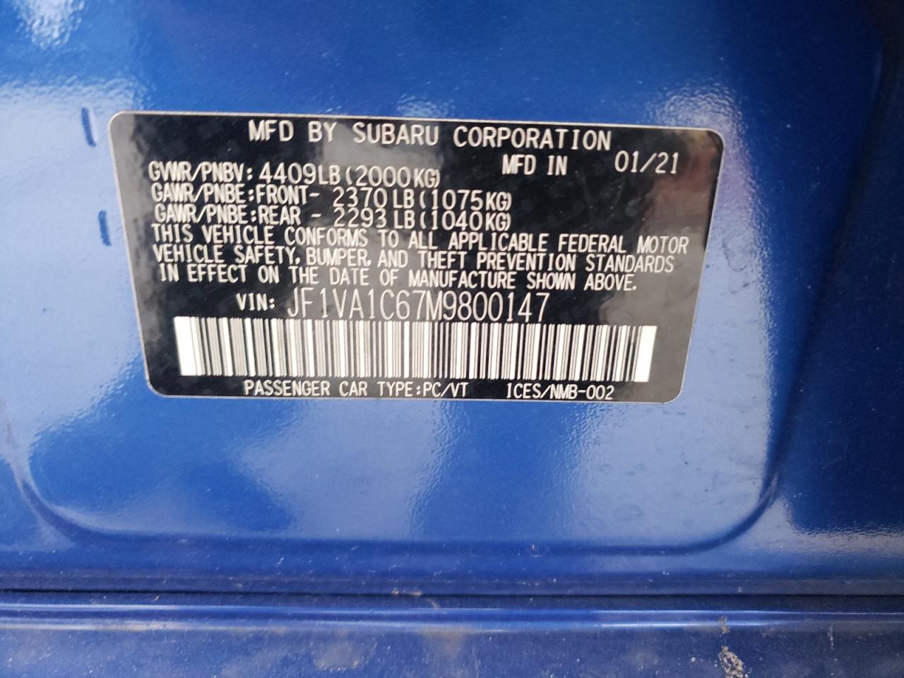 Photo 10 from auction – 2021 SUBARU WRX PREMIU with VIN JF1VA1C67M9800147