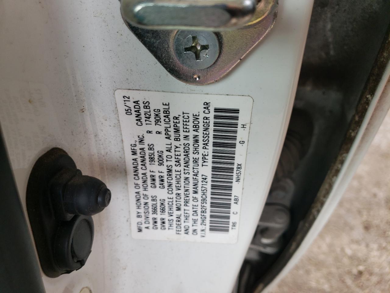 Photo 10 from auction – 2012 HONDA CIVIC LX with VIN 2HGFB2F59CH571247
