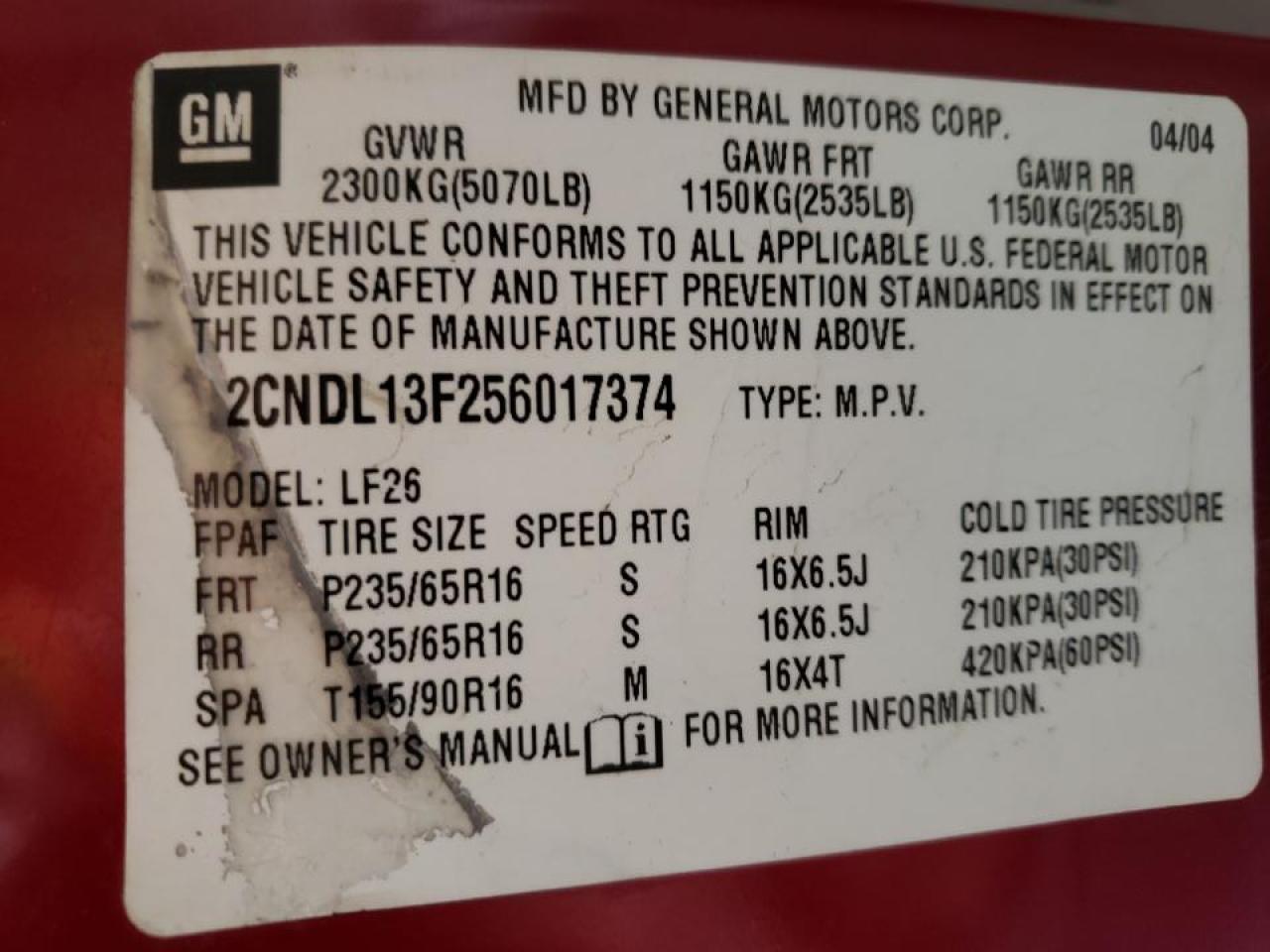 Photo 10 from auction – 2005 CHEVROLET EQUINOX LS with VIN 2CNDL13F256017374