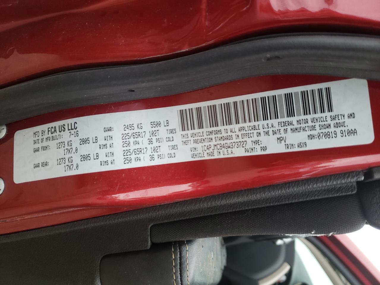 Photo 10 from auction – 2016 JEEP CHEROKEE with VIN 1C4PJMCB4GW373727