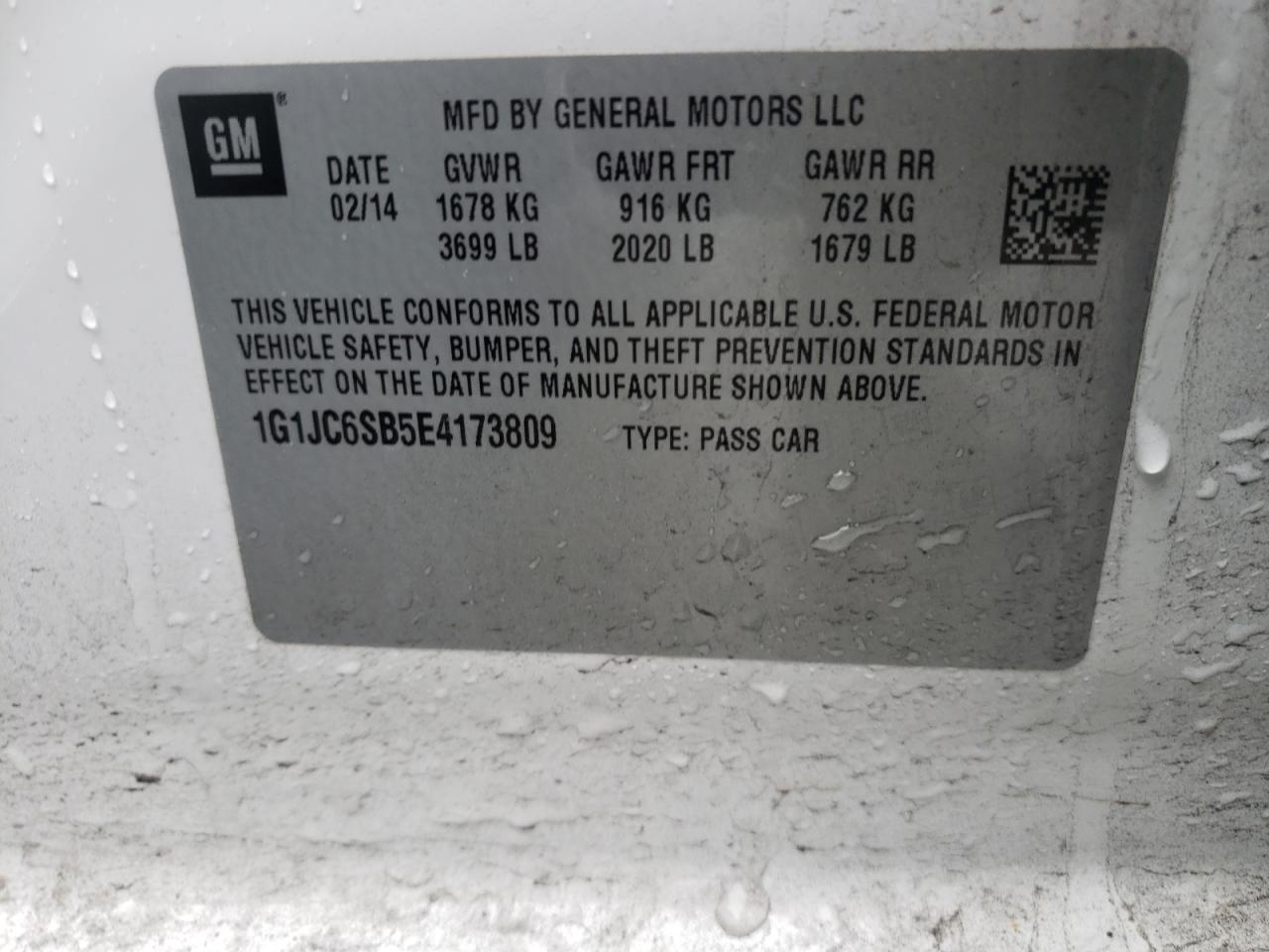 Photo 10 from auction – 2014 CHEVROLET SONIC LT with VIN 1G1JC6SB5E4173809