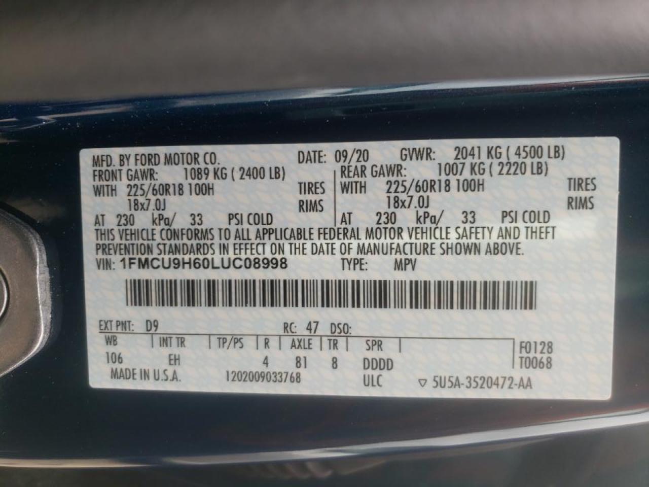Photo 10 from auction – 2020 FORD ESCAPE SEL with VIN 1FMCU9H60LUC08998