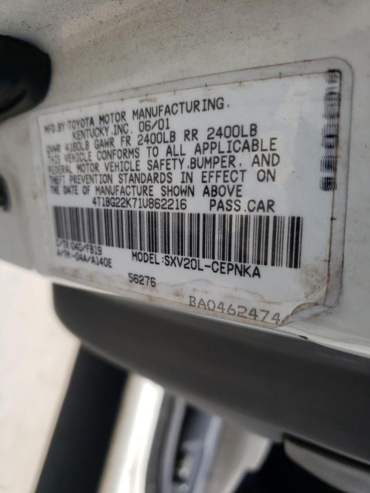 Photo 10 from auction – 2001 TOYOTA CAMRY CE with VIN 4T1BG22K71U862216