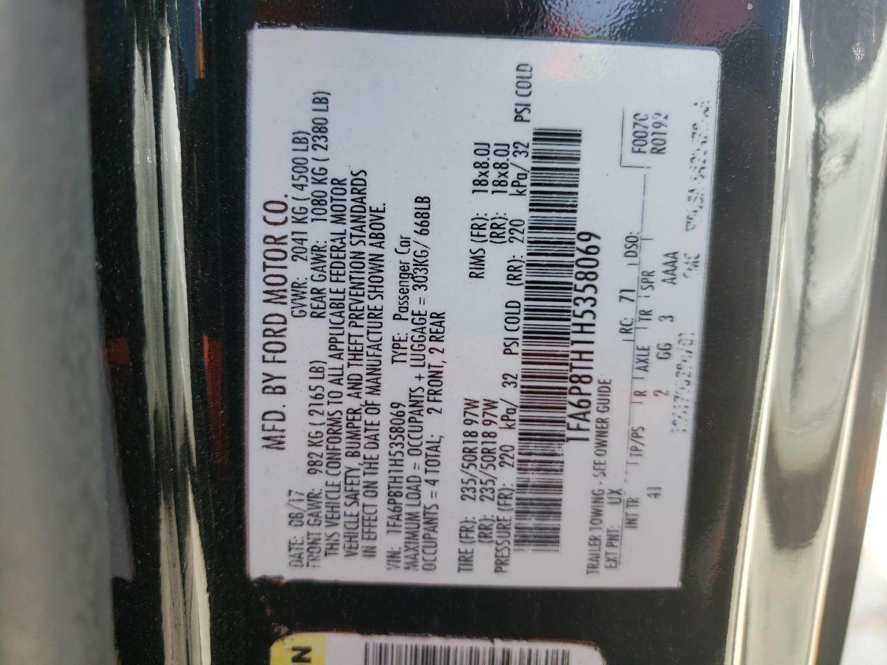 Photo 10 from auction – 2017 FORD MUSTANG with VIN 1FA6P8TH1H5358069