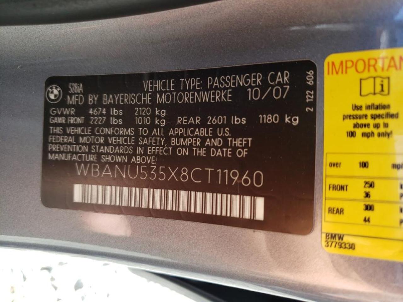 Photo 10 from auction – 2008 BMW 528 I with VIN WBANU535X8CT11960
