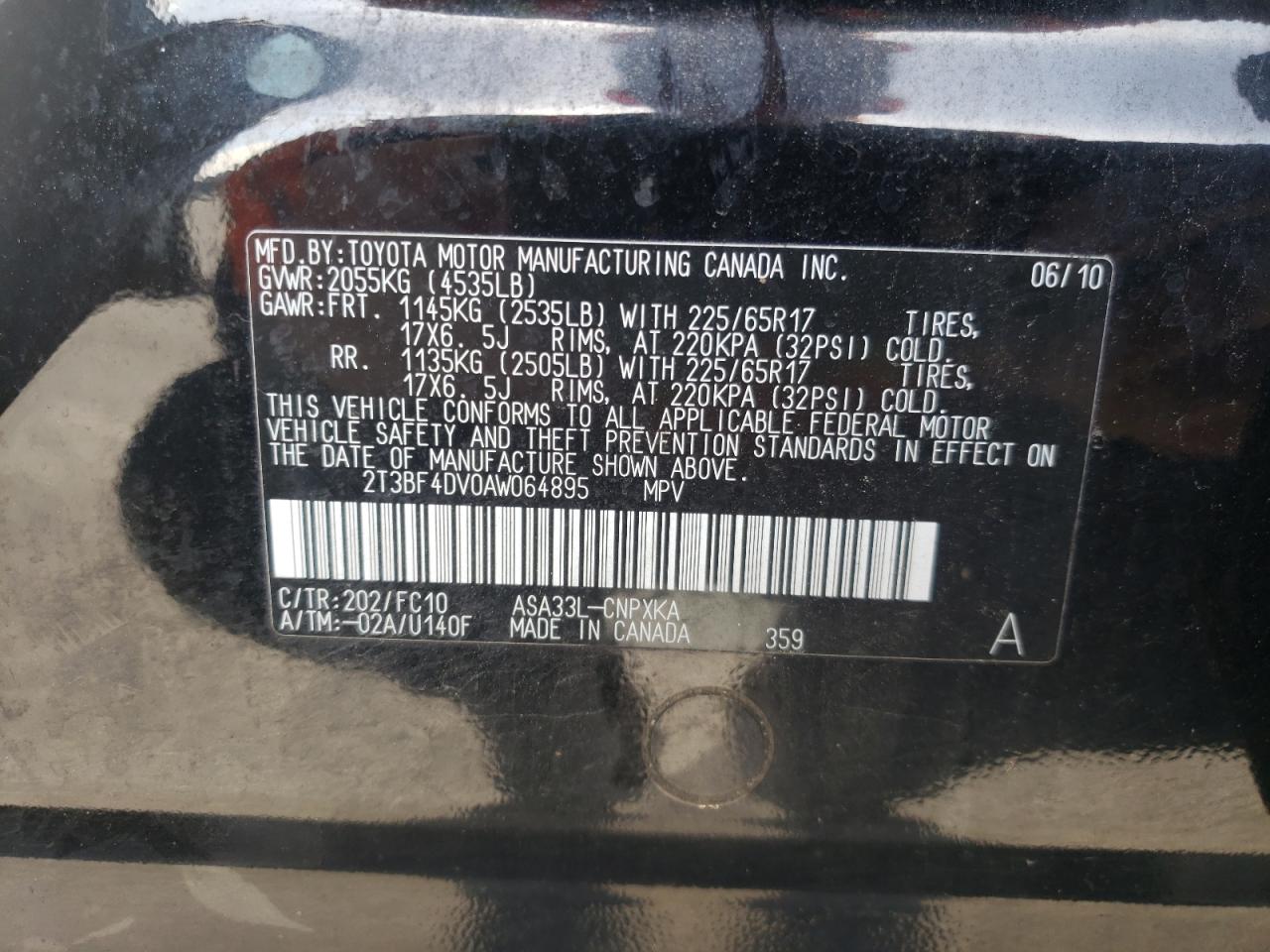 Photo 10 from auction – 2010 TOYOTA RAV4 with VIN 2T3BF4DV0AW064895