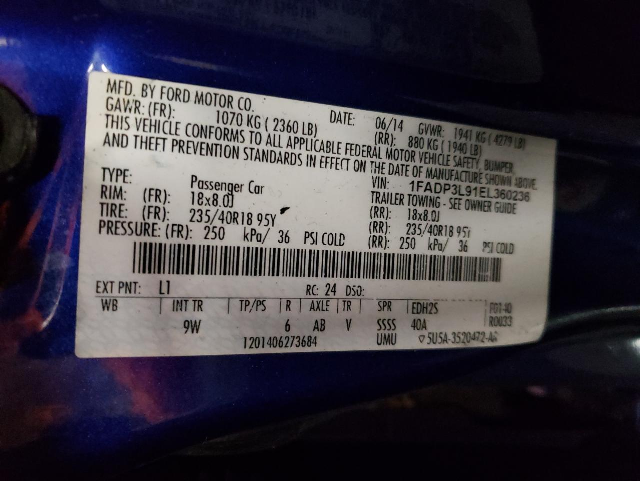 Photo 10 from auction – 2014 FORD FOCUS ST with VIN 1FADP3L91EL360236