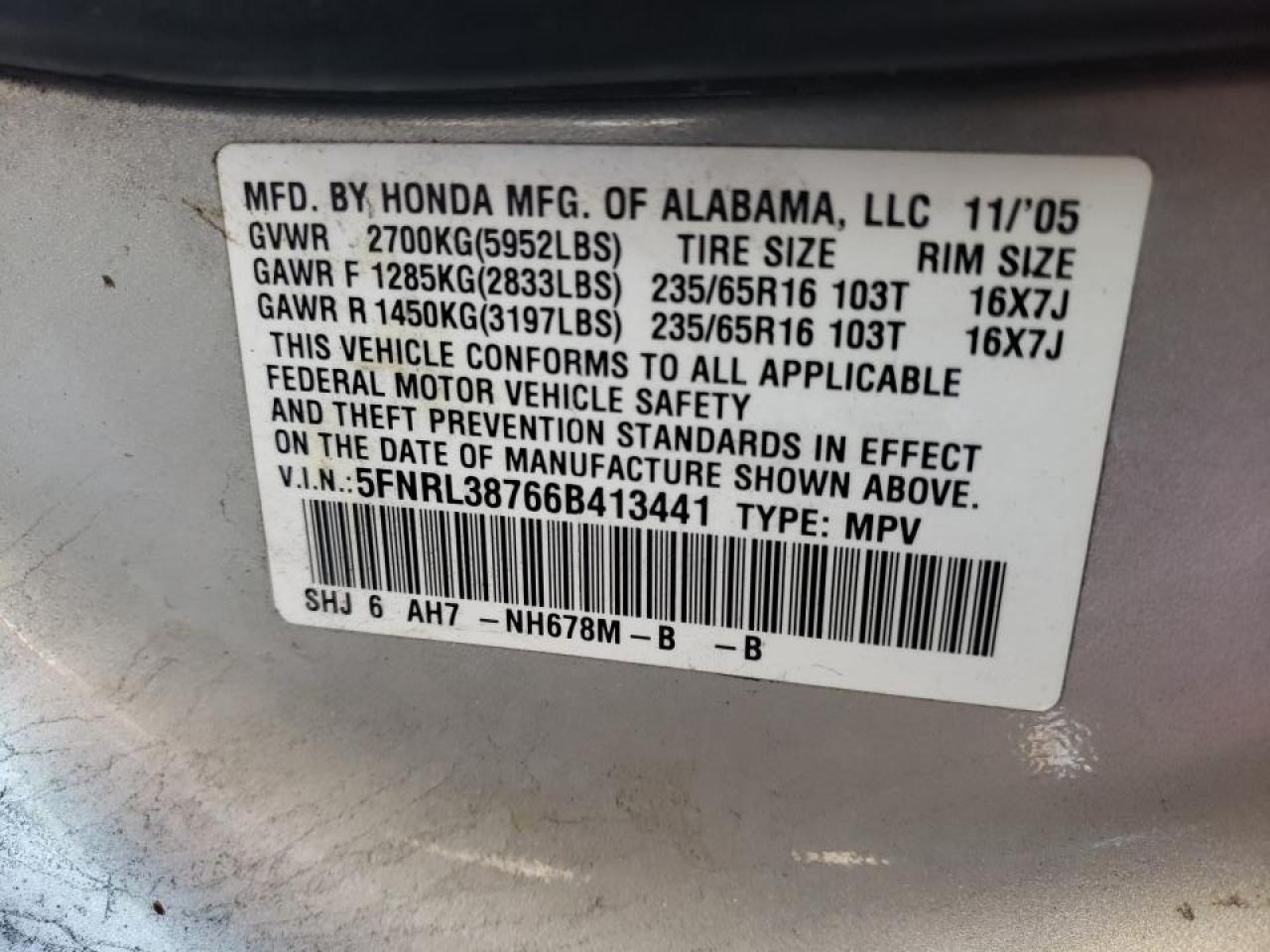 Photo 10 from auction – 2006 HONDA ODYSSEY EX with VIN 5FNRL38766B413441