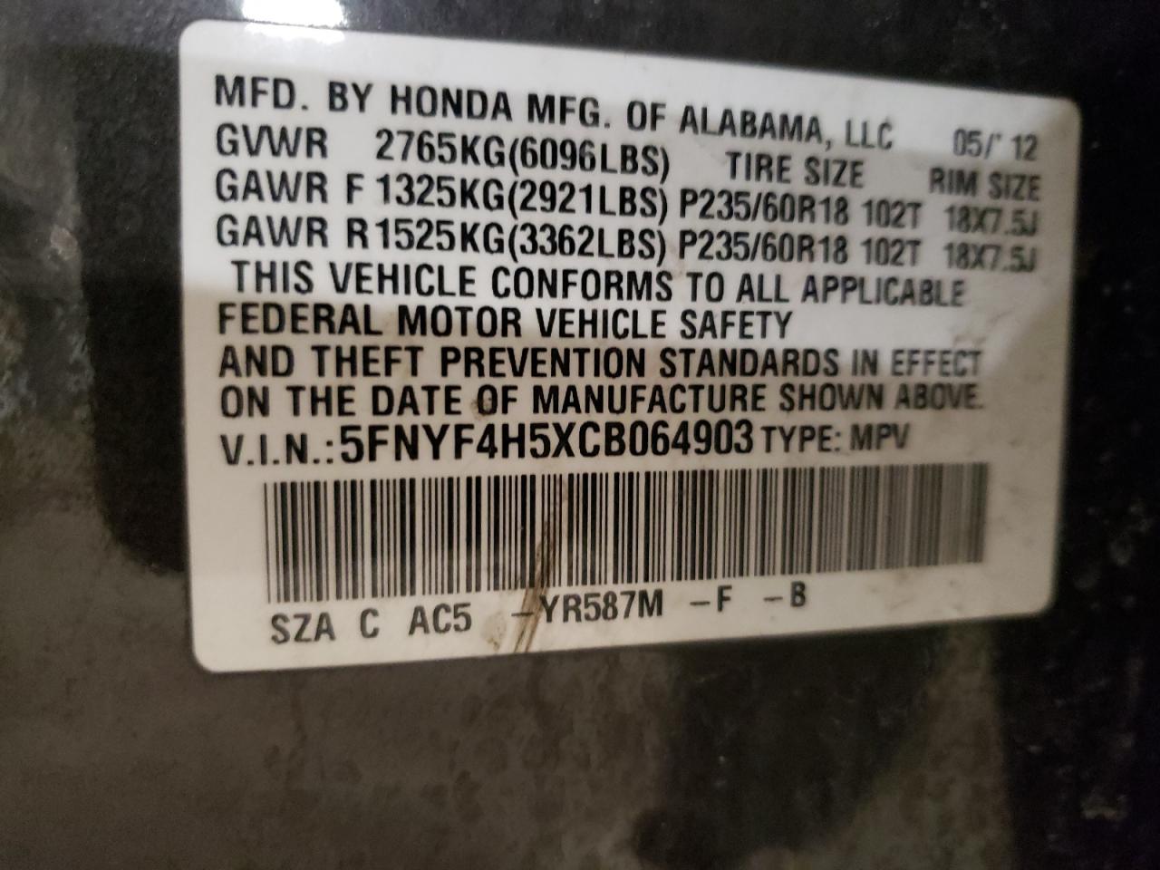 Photo 10 from auction – 2012 HONDA PILOT EXL with VIN 5FNYF4H5XCB064903