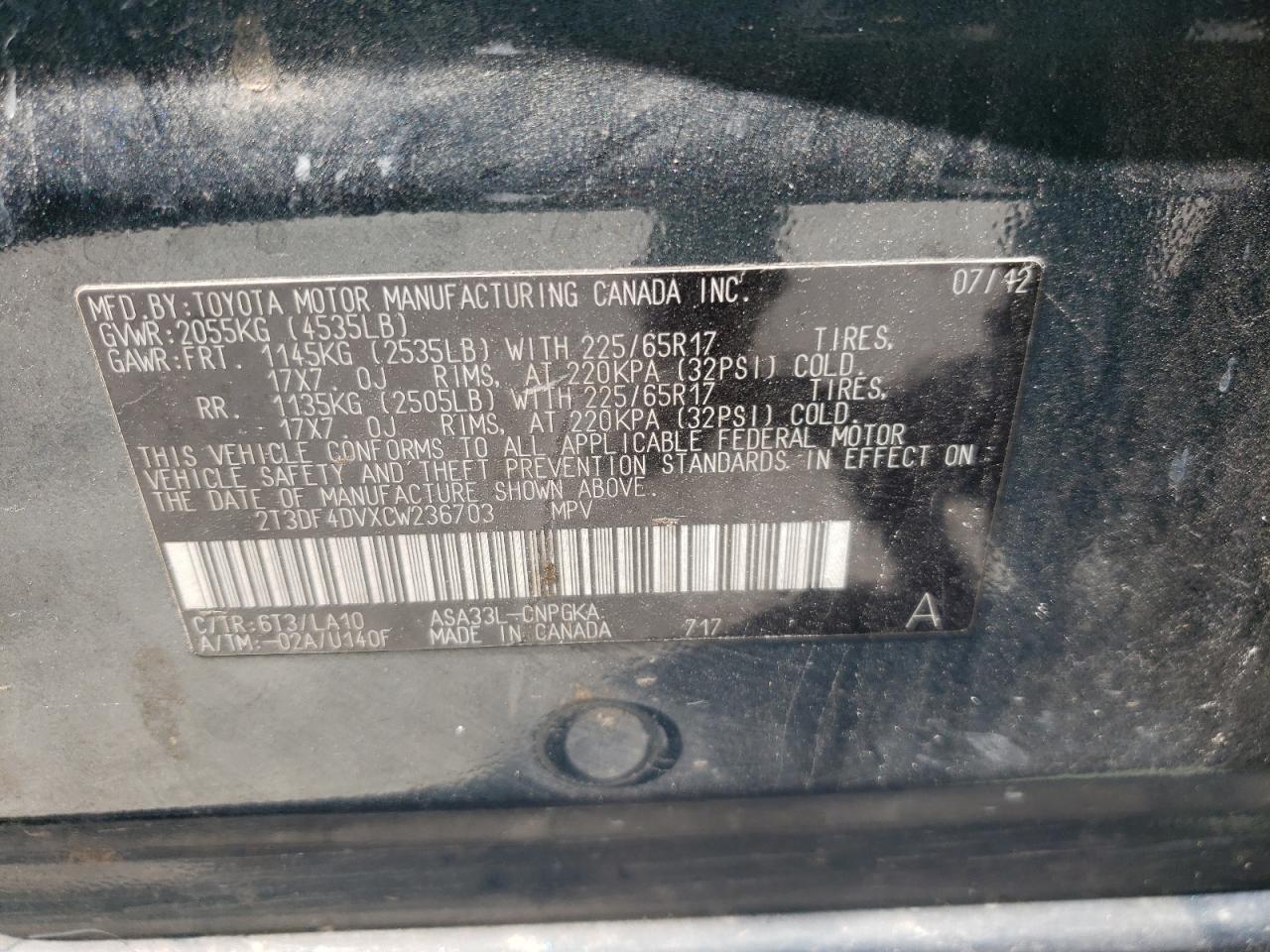 Photo 10 from auction – 2012 TOYOTA RAV4 LIMIT with VIN 2T3DF4DVXCW236703