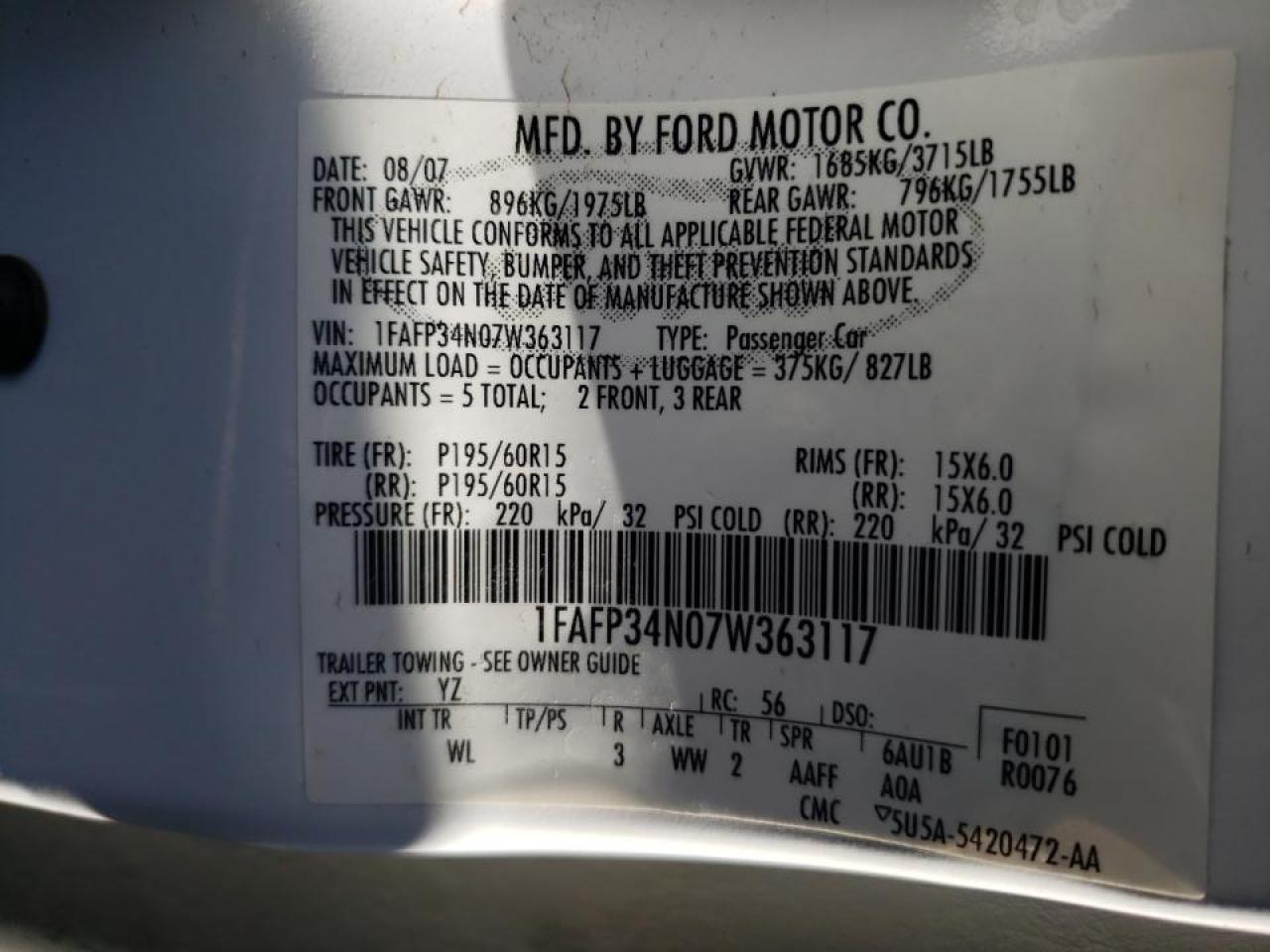 Photo 10 from auction – 2007 FORD FOCUS ZX4 with VIN 1FAFP34N07W363117