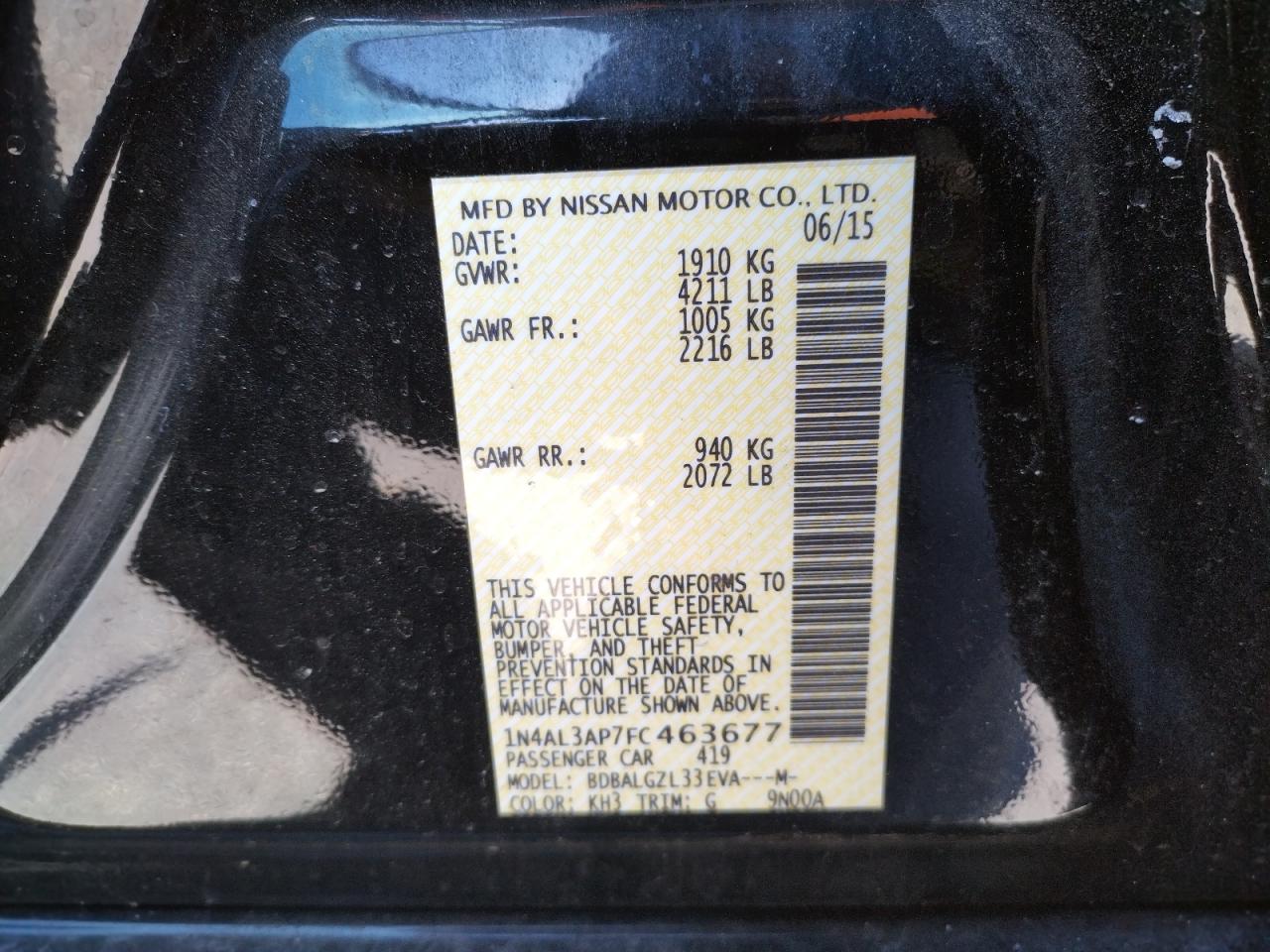 Photo 10 from auction – 2015 NISSAN ALTIMA 2.5 with VIN 1N4AL3AP7FC463677
