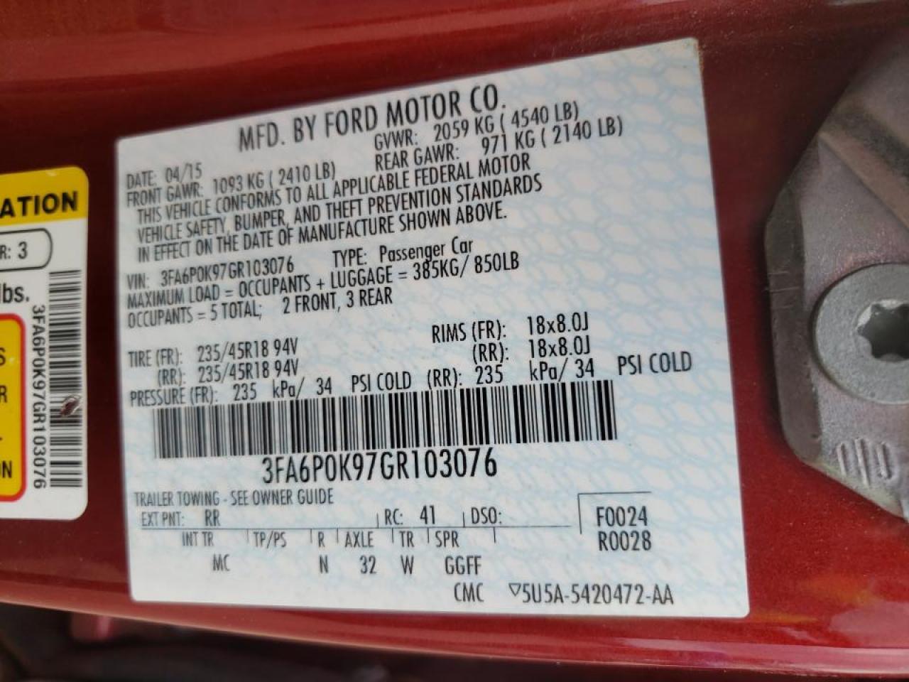 Photo 10 from auction – 2016 FORD FUSION TIT with VIN 3FA6P0K97GR103076