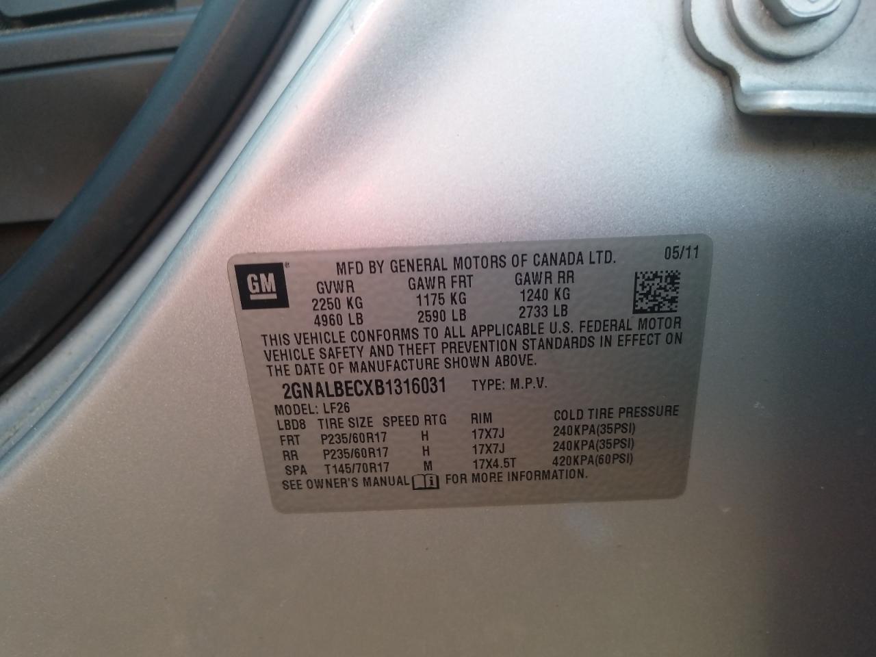Photo 10 from auction – 2011 CHEVROLET EQUINOX LS with VIN 2GNALBECXB1316031
