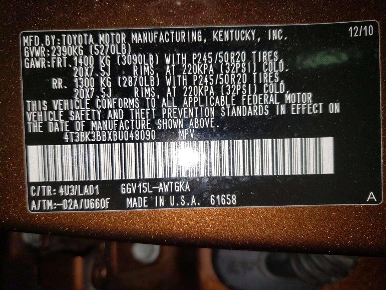 Photo 10 from auction – 2011 TOYOTA VENZA with VIN 4T3BK3BBXBU048090