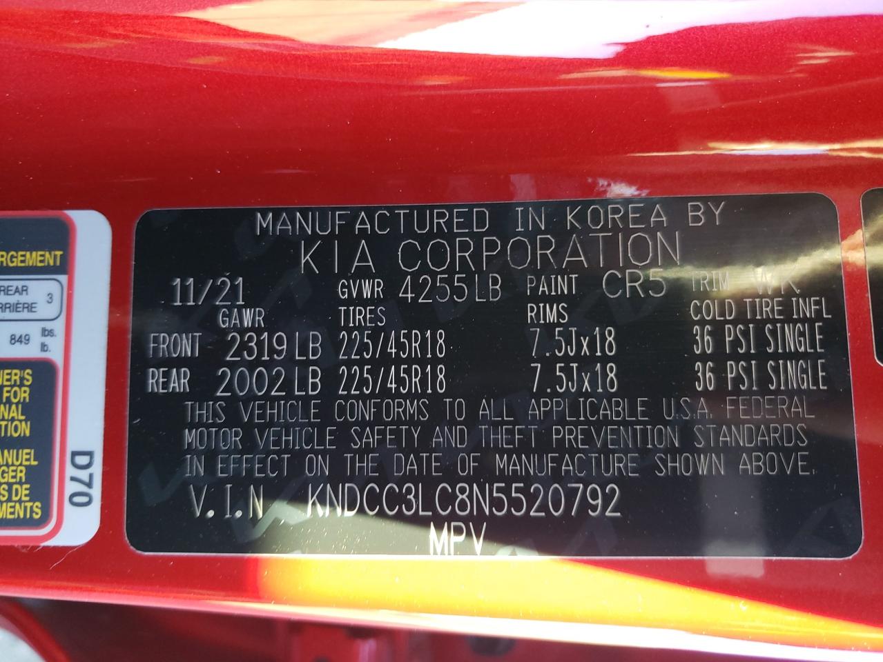 Photo 10 from auction – 2022 KIA NIRO TOURI with VIN KNDCC3LC8N5520792