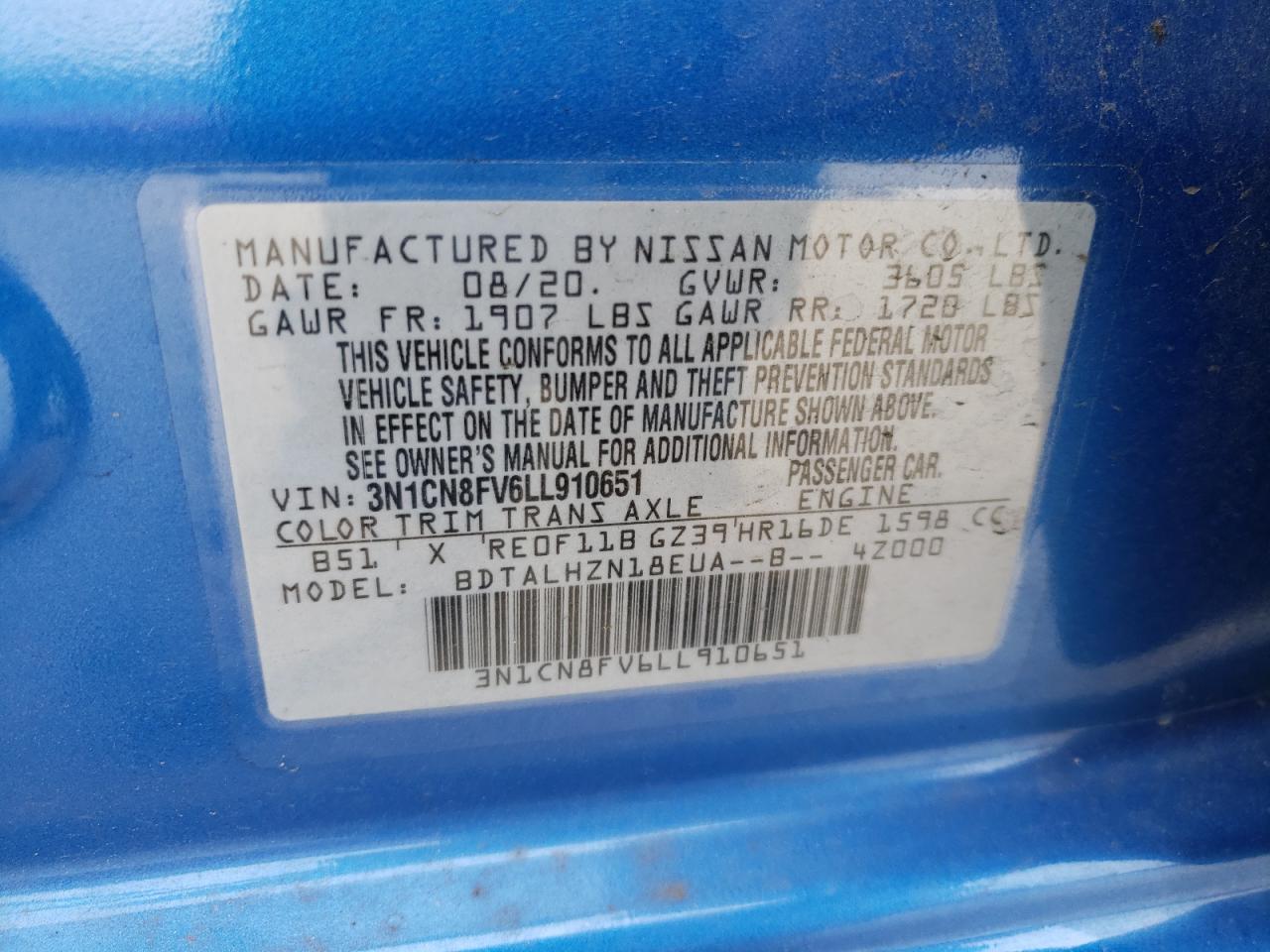 Photo 10 from auction – 2020 NISSAN VERSA SR with VIN 3N1CN8FV6LL910651