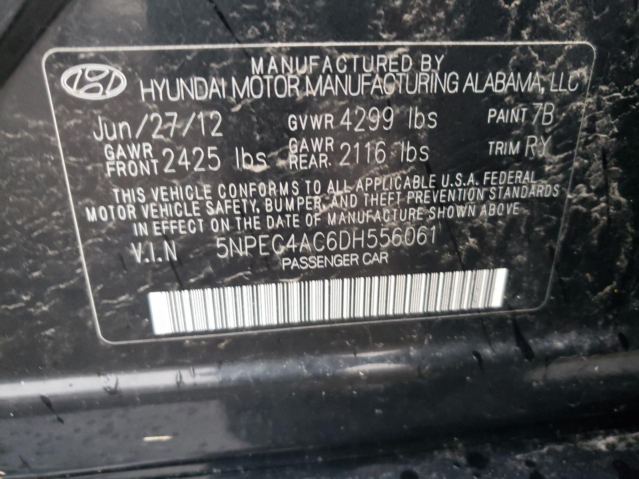 Photo 10 from auction – 2013 HYUNDAI SONATA SE with VIN 5NPEC4AC6DH556061