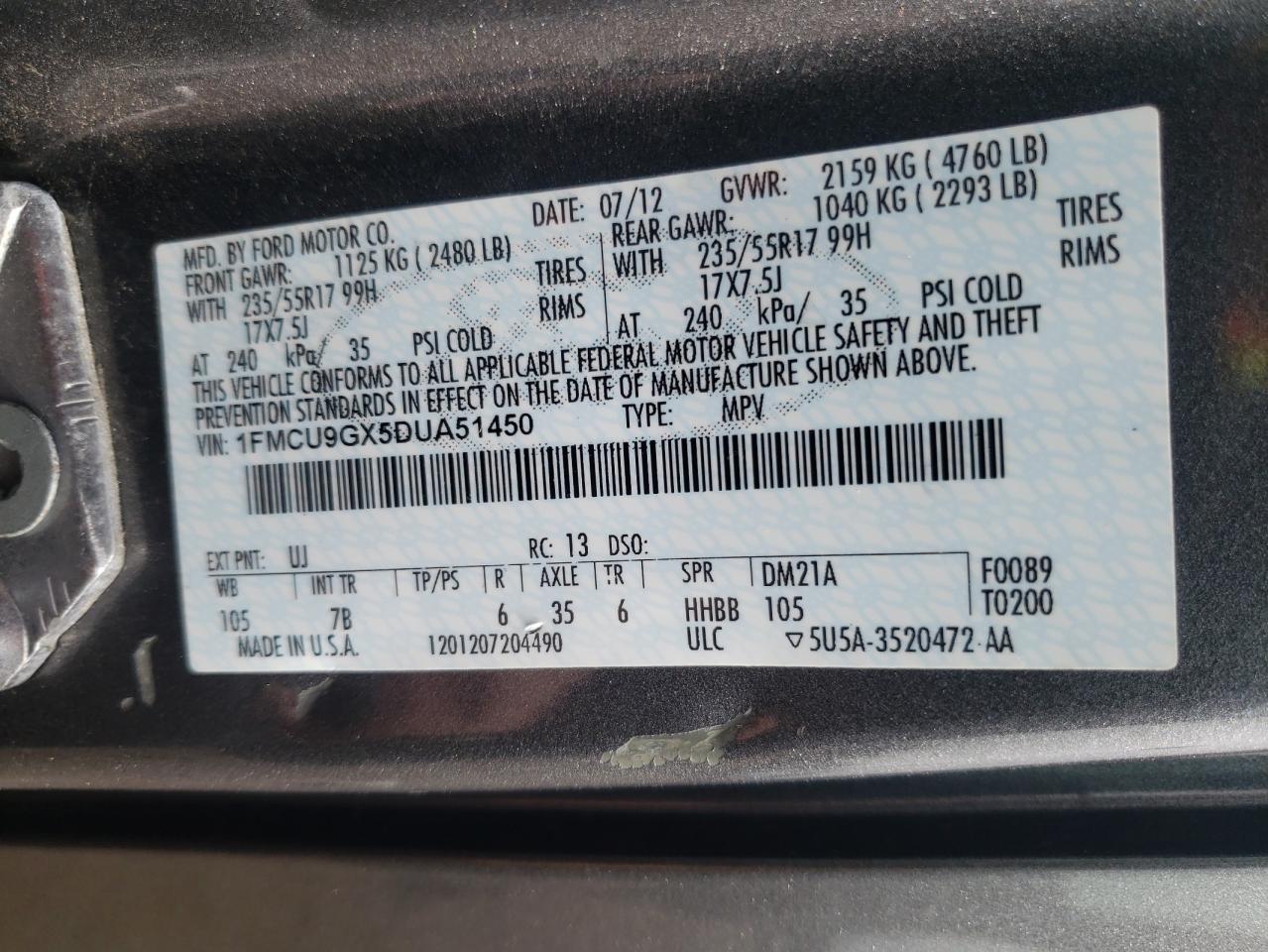 Photo 10 from auction – 2013 FORD ESCAPE SE with VIN 1FMCU9GX5DUA51450