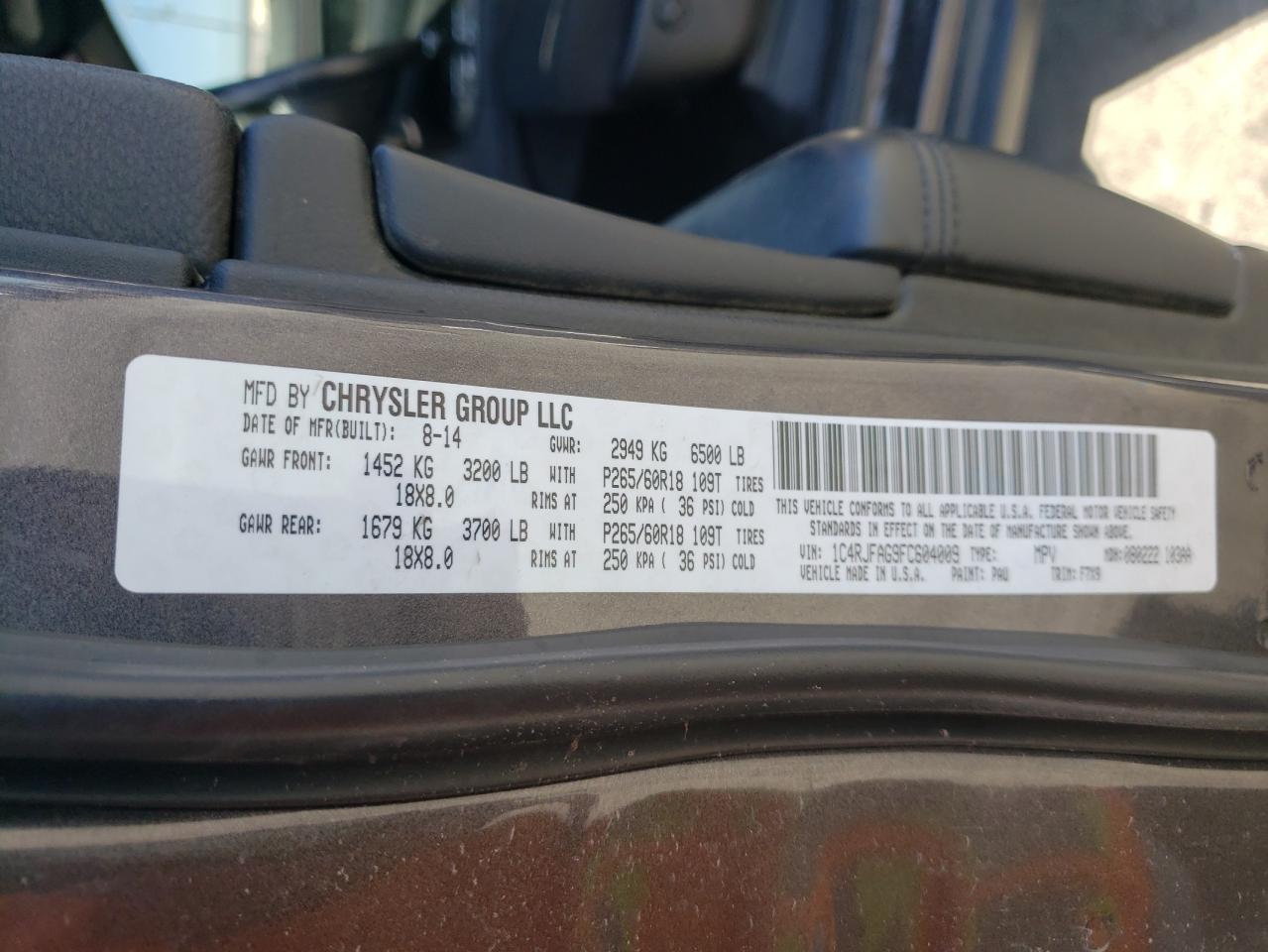 Photo 10 from auction – 2015 JEEP GRAND CHER with VIN 1C4RJFAG9FC604009