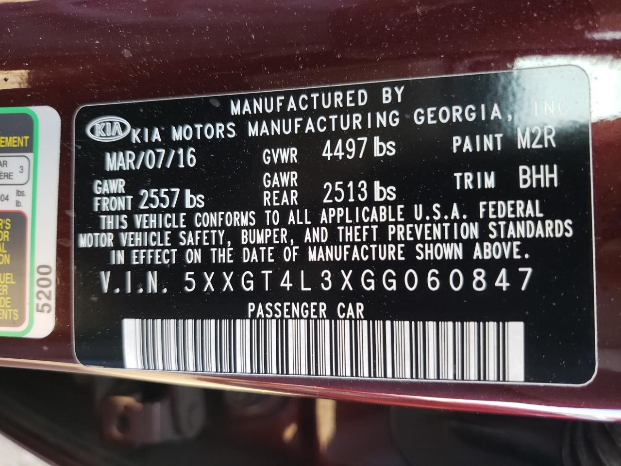 Photo 10 from auction – 2016 KIA OPTIMA LX with VIN 5XXGT4L3XGG060847