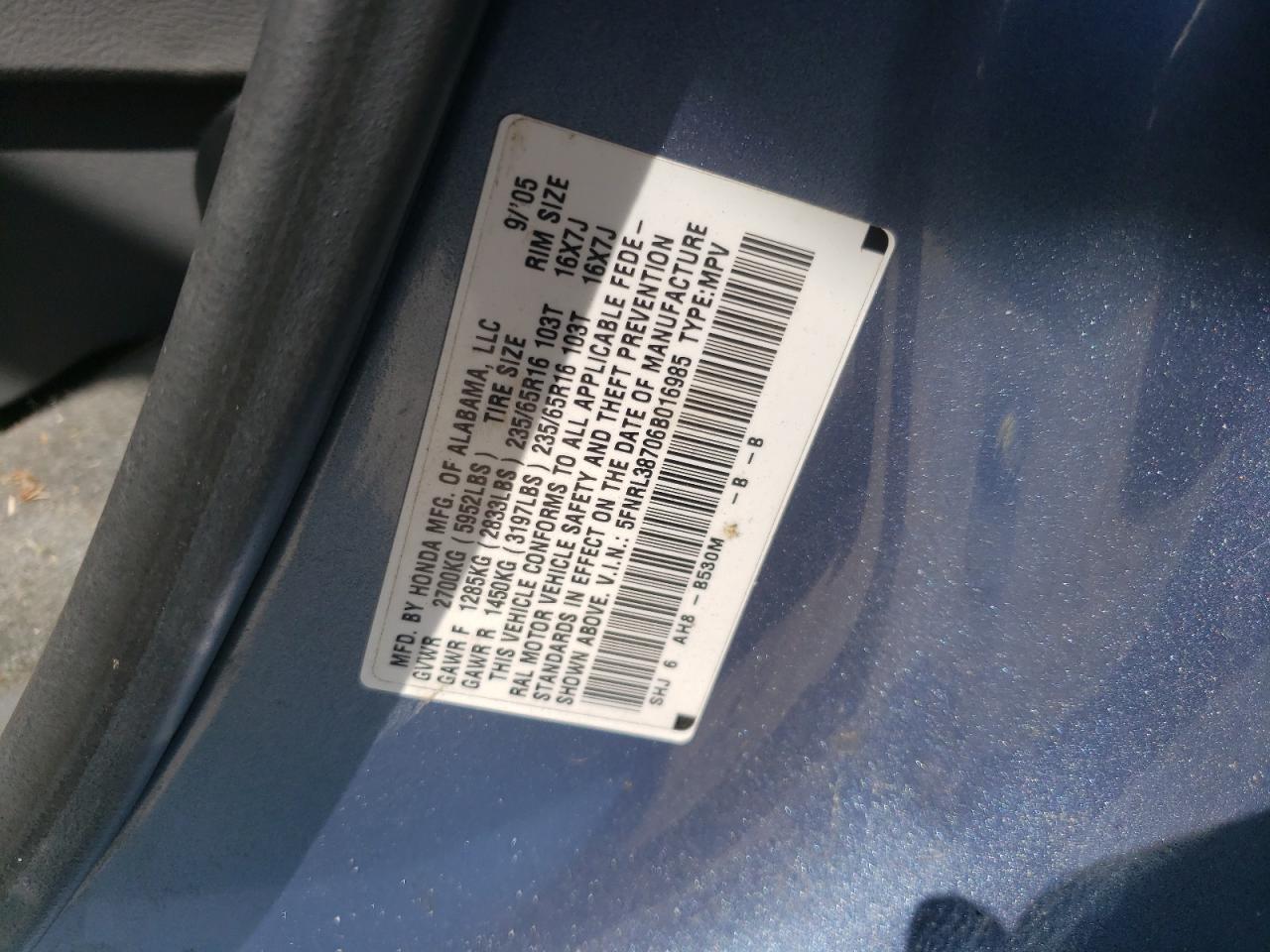 Photo 10 from auction – 2006 HONDA ODYSSEY EX with VIN 5FNRL38706B016985