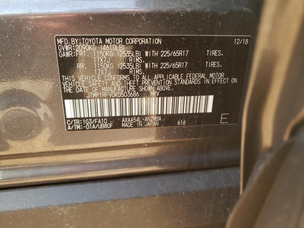 Photo 10 from auction – 2019 TOYOTA RAV4 XLE with VIN JTMP1RFV0KD503686