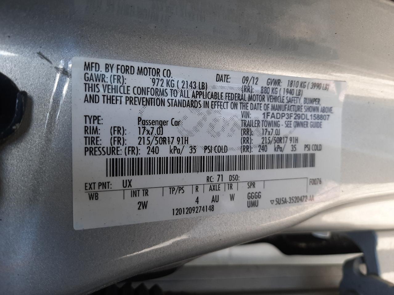Photo 10 from auction – 2013 FORD FOCUS SE with VIN 1FADP3F29DL158807