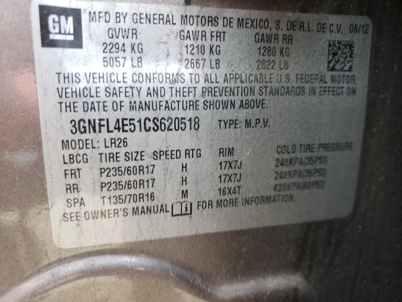 Photo 10 from auction – 2012 CHEVROLET CAPTIVA SP with VIN 3GNFL4E51CS620518