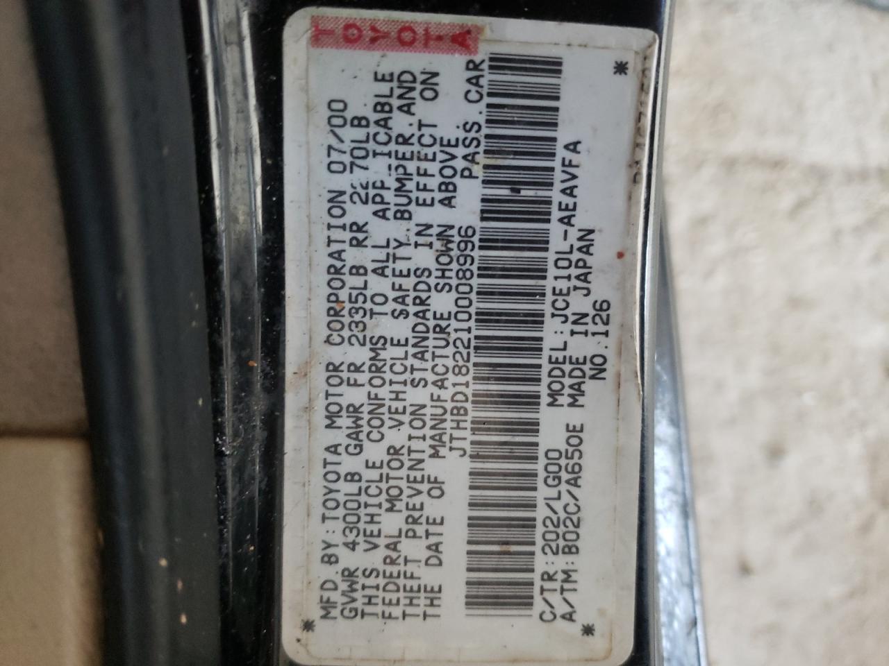 Photo 10 from auction – 2001 LEXUS IS 300 with VIN JTHBD182210008996