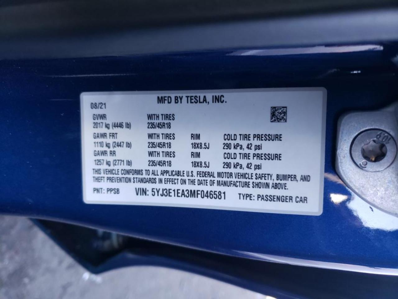 Photo 10 from auction – 2021 TESLA MODEL 3 with VIN 5YJ3E1EA3MF046581
