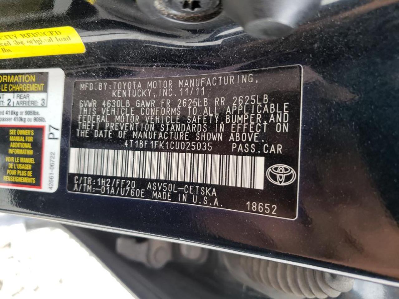 Photo 10 from auction – 2012 TOYOTA CAMRY BASE with VIN 4T1BF1FK1CU025035