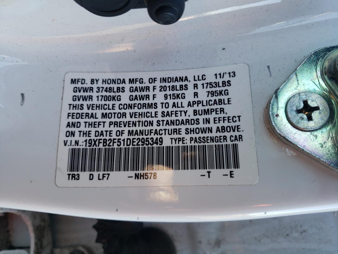 Photo 10 from auction – 2013 HONDA CIVIC LX with VIN 19XFB2F51DE295349