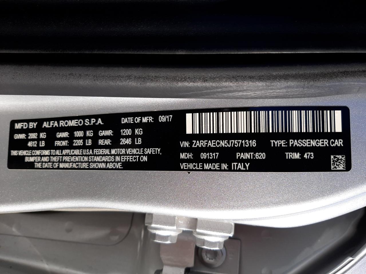 Photo 10 from auction – 2018 ALFA ROMEO GIULIA TI with VIN ZARFAECN5J7571316