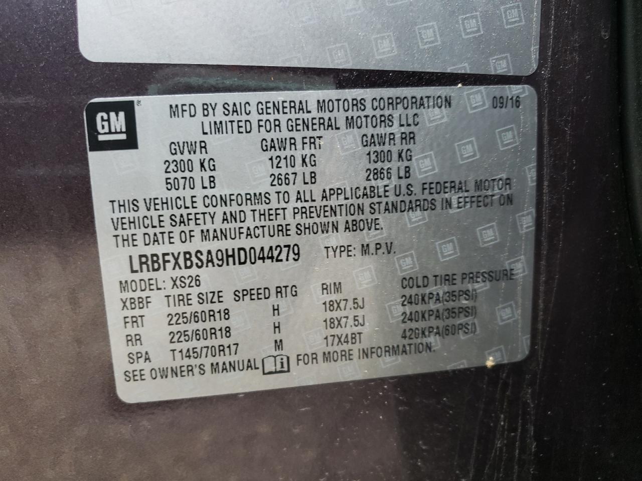 Photo 10 from auction – 2017 BUICK ENVISION E with VIN LRBFXBSA9HD044279