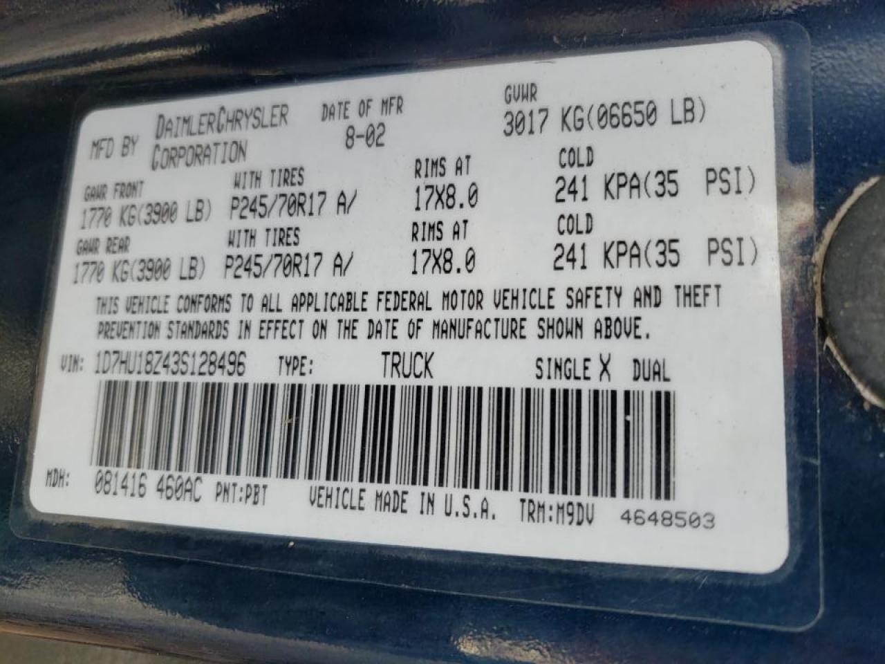 Photo 10 from auction – 2003 DODGE RAM 1500 S with VIN 1D7HU18Z43S128496