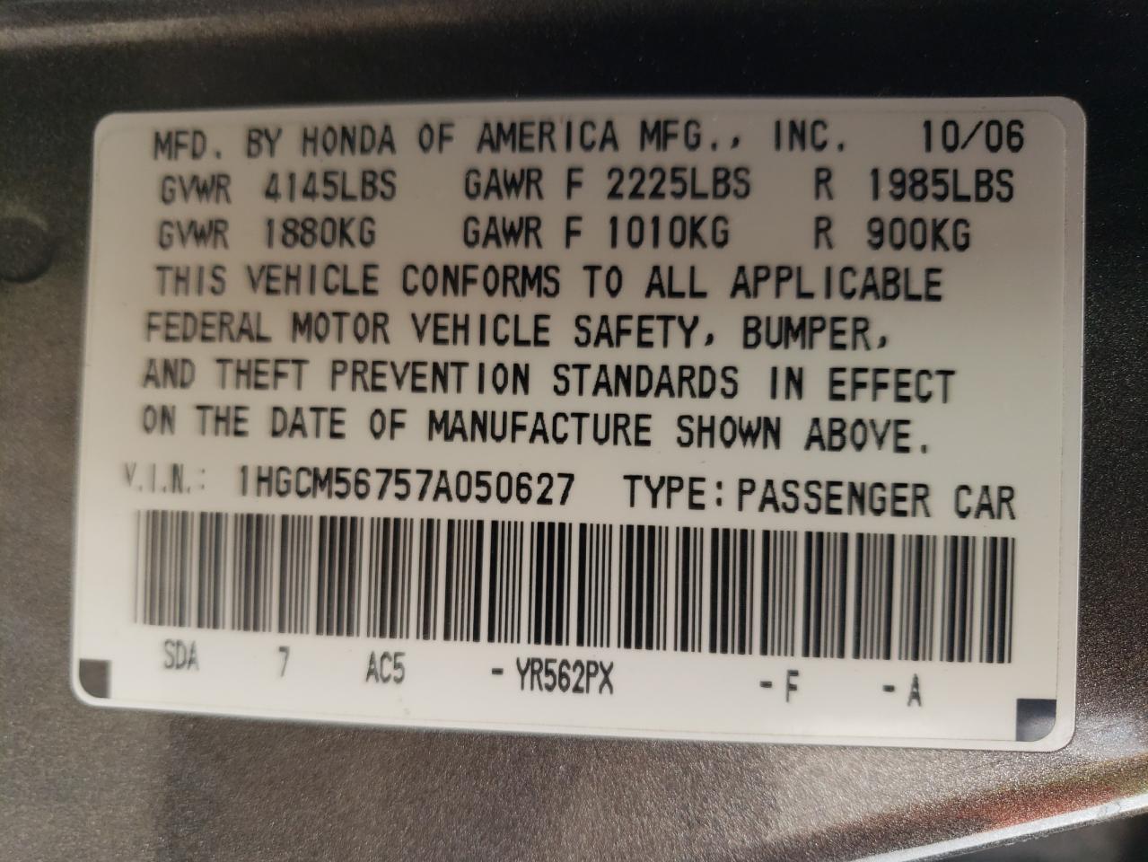 Photo 10 from auction – 2007 HONDA ACCORD EX with VIN 1HGCM56757A050627