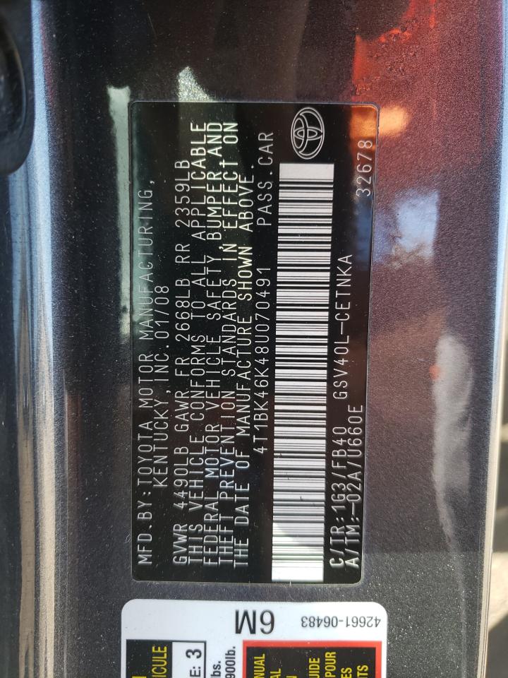 Photo 10 from auction – 2008 TOYOTA CAMRY LE with VIN 4T1BK46K48U070491